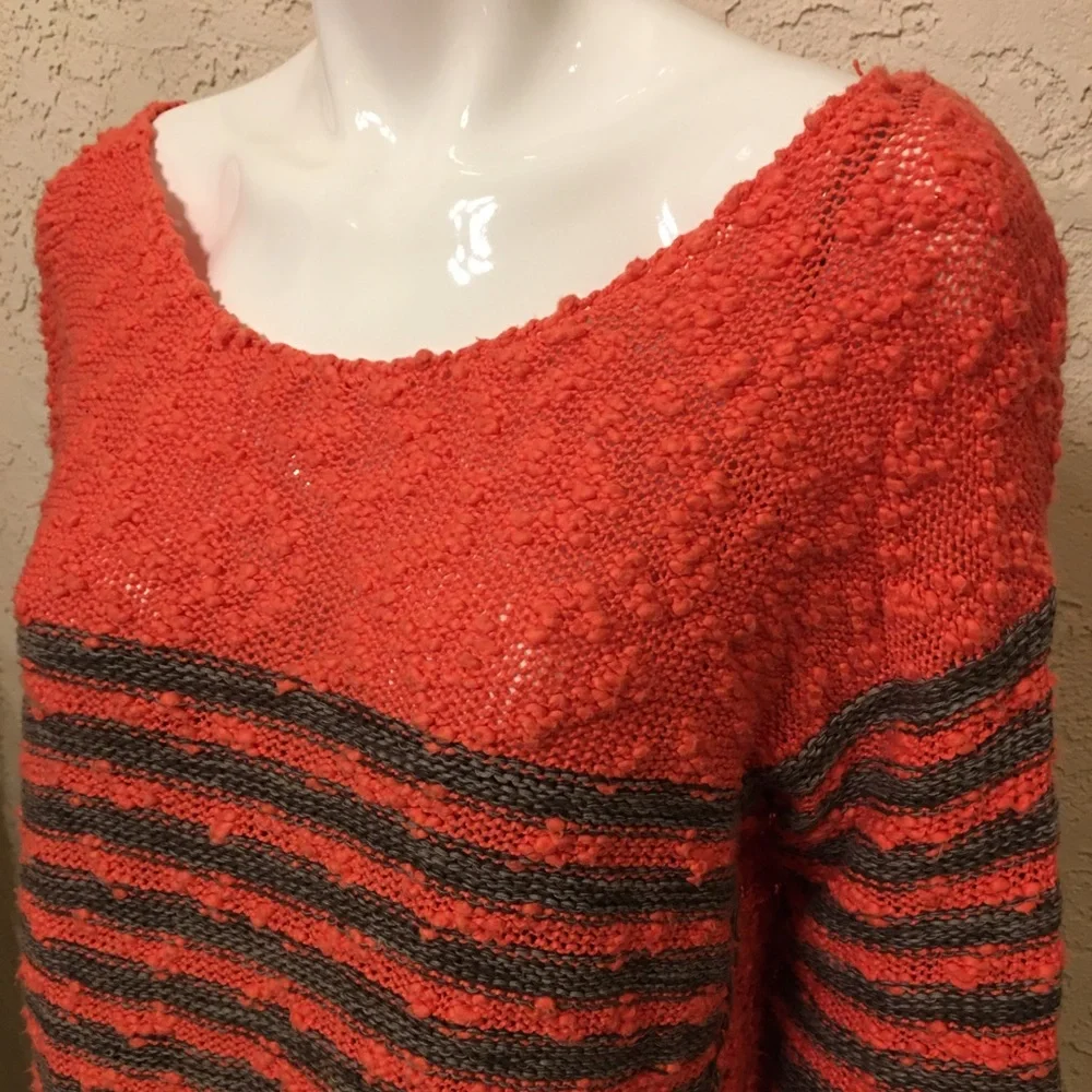 Free People Orange Gray Striped Nubby Knit Sweater Sz L